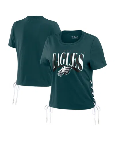 WEAR BY ERIN ANDREWS WOMEN'S WEAR BY ERIN ANDREWS MIDNIGHT GREEN PHILADELPHIA EAGLES LACE UP SIDE MODEST CROPPED T-SHIRT
