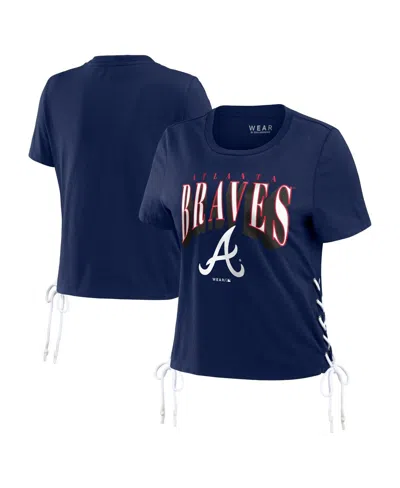 Wear By Erin Andrews Women's  Navy Atlanta Braves Side Lace-up Cropped T-shirt