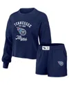 Wear By Erin Andrews Women's  Navy Distressed Tennessee Titans Waffle Knit Long Sleeve T-shirt And Sh In Navy