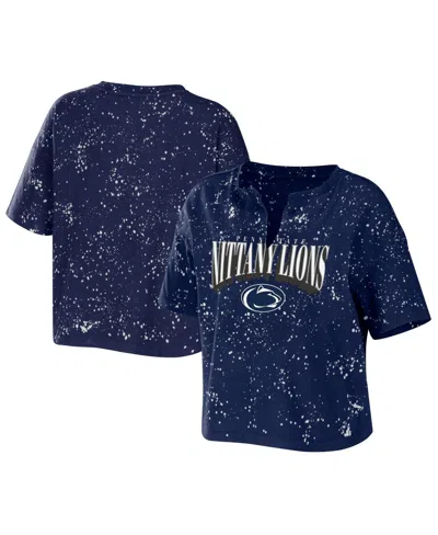 Wear By Erin Andrews Women's  Navy Penn State Nittany Lions Bleach Wash Splatter Cropped Notch Neck T