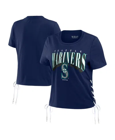 WEAR BY ERIN ANDREWS WOMEN'S WEAR BY ERIN ANDREWS NAVY SEATTLE MARINERS SIDE LACE-UP CROPPED T-SHIRT