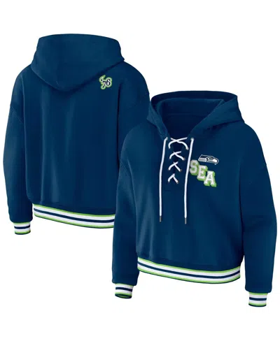 WEAR BY ERIN ANDREWS WOMEN'S WEAR BY ERIN ANDREWS NAVY SEATTLE SEAHAWKS LACE-UP PULLOVER HOODIE