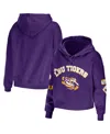 Wear By Erin Andrews Women's  Purple Lsu Tigers Mixed Media Cropped Pullover Hoodie In Purple