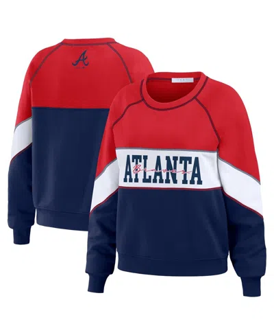 Wear By Erin Andrews Women's  Red, Navy Atlanta Braves Crewneck Pullover Sweatshirt In Red,navy