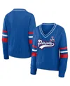Wear By Erin Andrews Women's  Royal Distressed New England Patriots Throwback V-neck Sweater In Royal