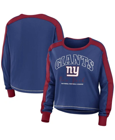 Wear By Erin Andrews Women's  Royal, Red New York Giants Color Block Modest Crop Long Sleeve T-shirt In Royal,red