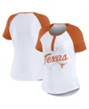 WEAR BY ERIN ANDREWS WOMEN'S WEAR BY ERIN ANDREWS WHITE DISTRESSED TEXAS LONGHORNS BASEBALL LOGO RAGLAN HENLEY T-SHIRT