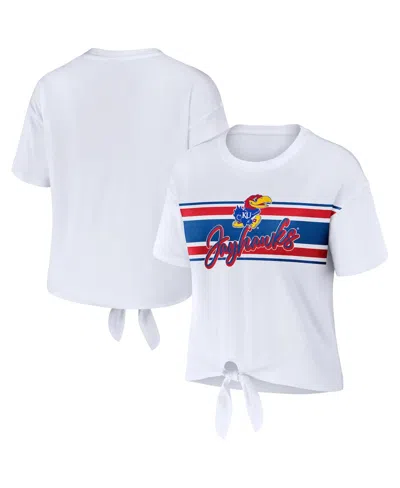 WEAR BY ERIN ANDREWS WOMEN'S WEAR BY ERIN ANDREWS WHITE KANSAS JAYHAWKS STRIPED FRONT KNOT CROPPED T-SHIRT