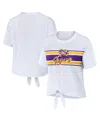 Wear By Erin Andrews Women's  White Lsu Tigers Striped Front Knot Cropped T-shirt In White