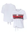 Wear By Erin Andrews Women's  White Nebraska Huskers Striped Front Knot Cropped T-shirt In White
