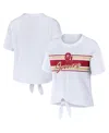 Wear By Erin Andrews Women's  White Oklahoma Sooners Striped Front Knot Cropped T-shirt In White