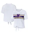 Wear By Erin Andrews Women's  White Washington Huskies Striped Front Knot Cropped T-shirt In White