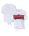 Wear By Erin Andrews Women's  White Wisconsin Badgers Striped Front Knot Cropped T-shirt In White