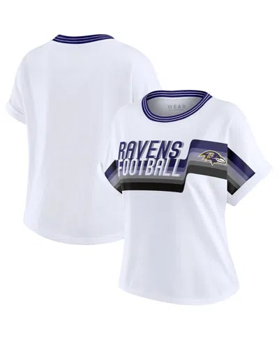 Wear By Erin Andrews Women's White Baltimore Ravens Cropped Center Stripe Dolman T-shirt