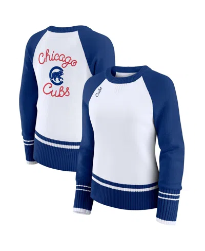 Wear By Erin Andrews Women's White Chicago Cubs Color Block Raglan Sweater In Blue