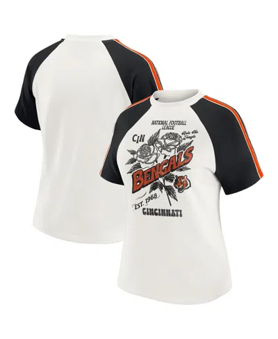 Wear By Erin Andrews Women's White Cincinnati Bengals Sleeve Stripe Distressed Raglan T-shirt
