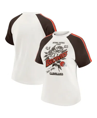 Wear By Erin Andrews Women's White Cleveland Browns Sleeve Stripe Distressed Raglan T-shirt