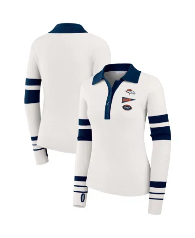 Wear By Erin Andrews Women's White Denver Broncos Ribbed Henley Polo Sweater