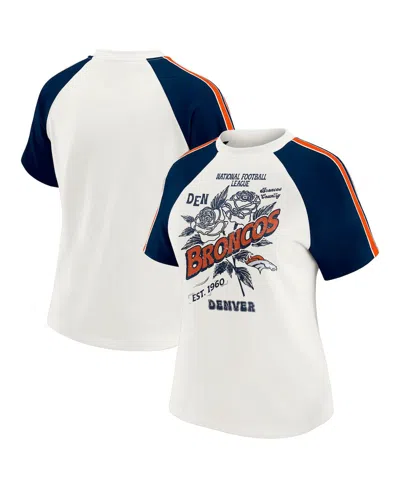 Wear By Erin Andrews Women's White Denver Broncos Sleeve Stripe Distressed Raglan T-shirt