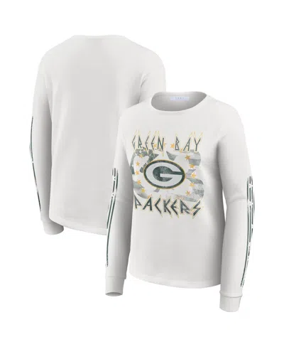 Wear By Erin Andrews Women's White Green Bay Packers Graphic Waffle Long-sleeve T-shirt
