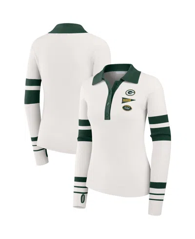 Wear By Erin Andrews Women's White Green Bay Packers Ribbed Henley Polo Shirt