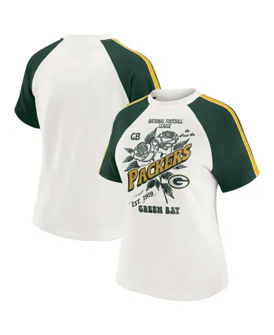 Wear By Erin Andrews Women's White Green Bay Packers Sleeve Stripe Distressed Raglan T-shirt