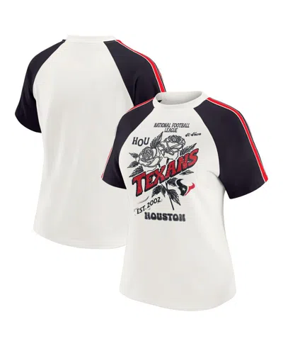 Wear By Erin Andrews Women's White Houston Texans Sleeve Stripe Distressed Raglan T-shirt