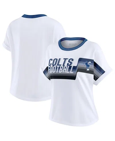 Wear By Erin Andrews Women's White Indianapolis Colts Cropped Center Stripe Dolman T-shirt In Blue
