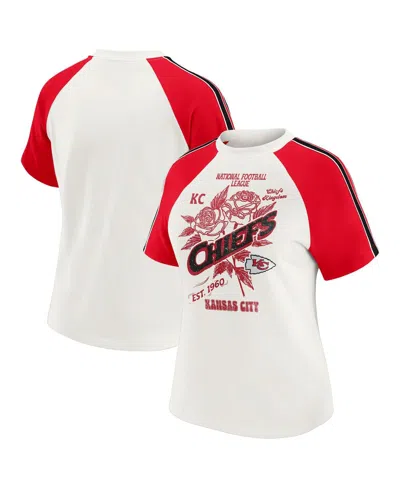 Wear By Erin Andrews Women's White Kansas City Chiefs Sleeve Stripe Distressed Raglan T-shirt