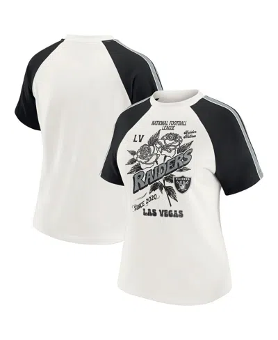 Wear By Erin Andrews Women's White Las Vegas Raiders Sleeve Stripe Distressed Raglan T-shirt