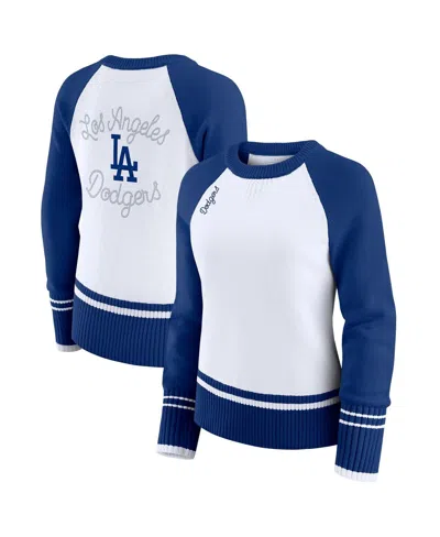 Wear By Erin Andrews Women's White Los Angeles Dodgers Color Block Raglan Sweater In Blue