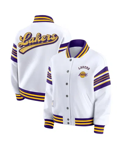 Wear By Erin Andrews Women's White Los Angeles Lakers Snap Front Fleece Sweatshirt In Brown