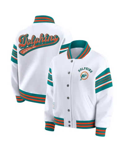 Wear By Erin Andrews Women's White Miami Dolphins Full-snap Fleece Sweatshirt Jacket In Multi
