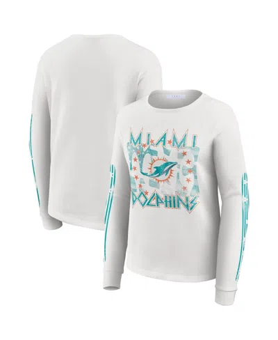 Wear By Erin Andrews Women's White Miami Dolphins Graphic Waffle Long-sleeve T-shirt In Animal Print