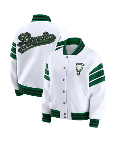 Wear By Erin Andrews Women's White Milwaukee Bucks Snap Front Fleece Sweatshirt In Black