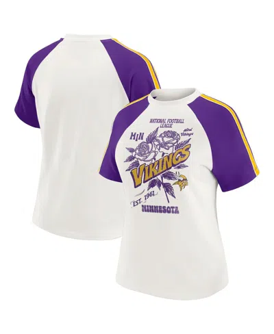 Wear By Erin Andrews Women's White Minnesota Vikings Sleeve Stripe Distressed Raglan T-shirt In Multi