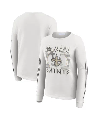 Wear By Erin Andrews Women's White New Orleans Saints Graphic Waffle Long-sleeve T-shirt In Gray