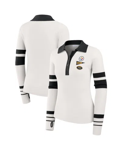 Wear By Erin Andrews Women's White Pittsburgh Steelers Ribbed Henley Polo Sweater In Multi
