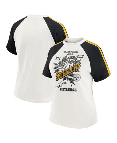 Wear By Erin Andrews Women's White Pittsburgh Steelers Sleeve Stripe Distressed Raglan T-shirt In Black