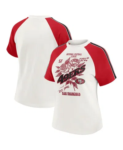 Wear By Erin Andrews Women's White San Francisco 49ers Sleeve Stripe Distressed Raglan T-shirt