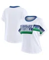 Wear By Erin Andrews Women's White Seattle Seahawks Cropped Center Stripe Dolman T-shirt In White