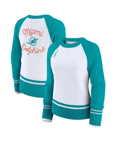 Wear By Erin Andrews Women's White/aqua Miami Dolphins Color Block Raglan Sweater In Blue