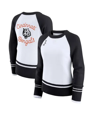 Wear By Erin Andrews Women's White/black Cincinnati Bengals Color Block Raglan Sweater