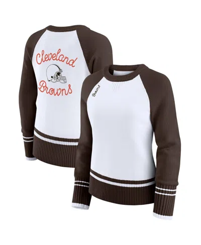Wear By Erin Andrews Women's White/brown Cleveland Browns Color Block Raglan Sweater