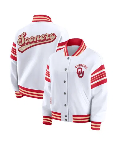 Wear By Erin Andrews Women's White/crimson Oklahoma Sooners Satin Stitch Full-snap Fleece Sweatshirt Jacket In Multi
