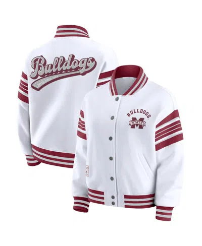 Wear By Erin Andrews Women's White/maroon Mississippi State Bulldogs Satin Stitch Full-snap Fleece Sweatshirt Jacket