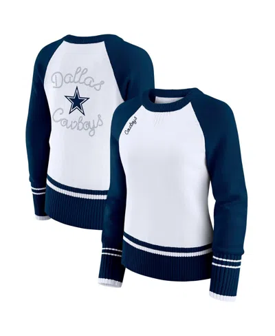 Wear By Erin Andrews Women's White/navy Dallas Cowboys Color Block Raglan Sweater In Multi