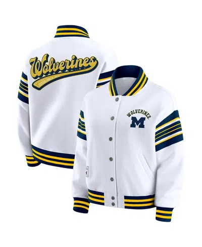 Wear By Erin Andrews Women's White/navy Michigan Wolverines Satin Stitch Full-snap Fleece Sweatshirt Jacket