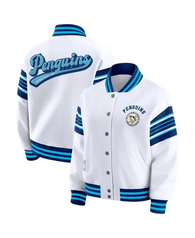 Wear By Erin Andrews Women's White/navy Pittsburgh Penguins Full-snap Fleece Sweatshirt Jacket In Blue