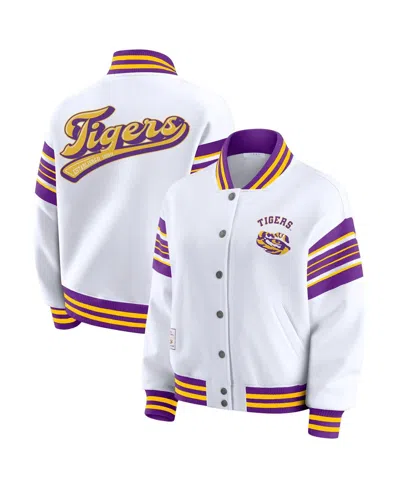 Wear By Erin Andrews Women's White/purple Lsu Tigers Satin Stitch Full-snap Fleece Sweatshirt Jacket In Multi